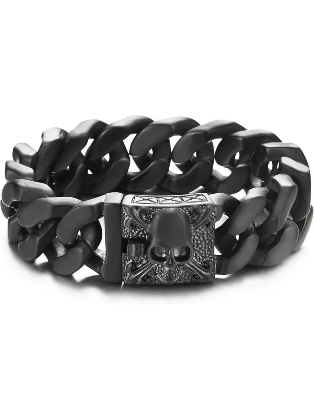 Vintage Large Curb Chain Bracelet for Men, Brushed Steel, Fleur De Lis & Skull